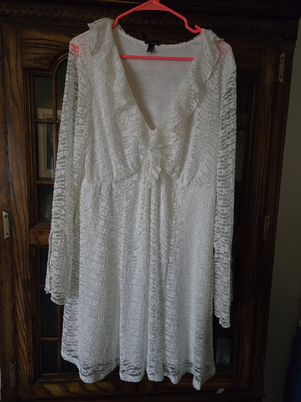 torrid White Long-Sleeve Textured V-Neck Dress with Ruffle